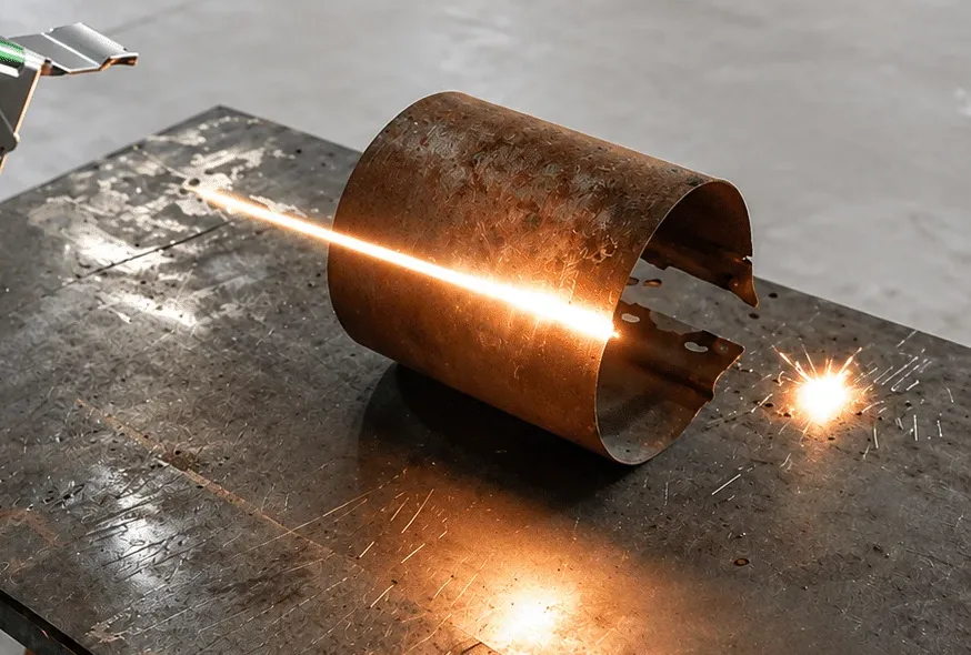 Laserreinigung an einem verrosteten Rohr aus nächster Nähe